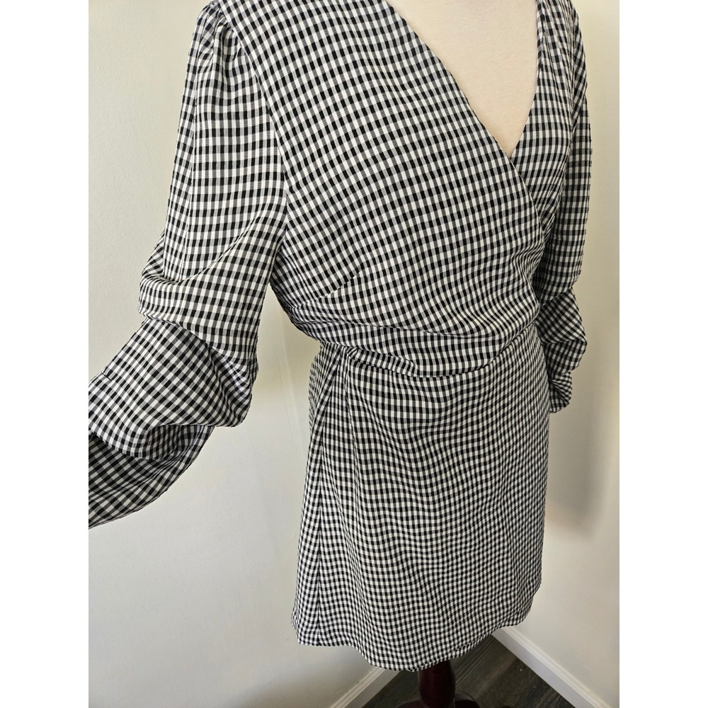 Highline Collective Womens XL Gingham Wrap Mini Dress Ruffle Sleeve Black Alt - Picture 2 of 8